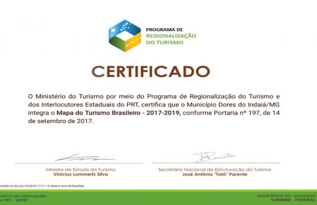 Dores do Indaiá recebe Certificado de integração ao Mapa Turístico Brasileiro 2017-2019